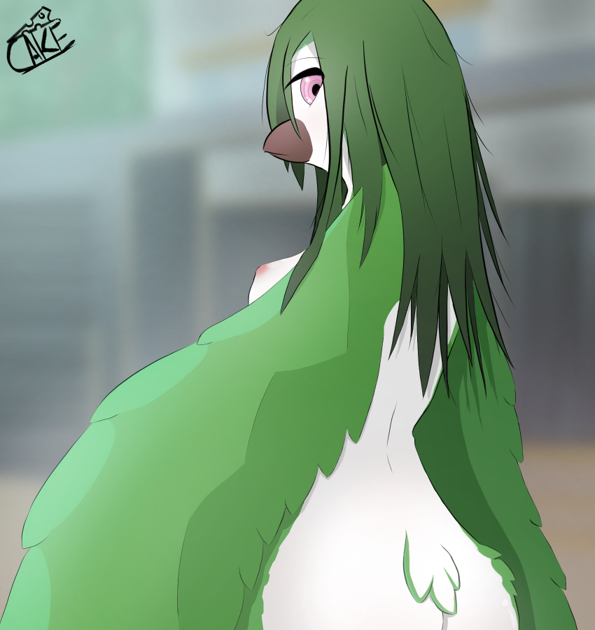 anthro ari_(cheesycakeart) avian beak big_butt bird bottomless breasts brown_beak butt calm cheesycakeart clothed clothing day elegant exposed exposed_breasts exposed_butt eyelashes feathered_wings feathers female green_body green_feathers green_hair hair hi_res light long_hair looking_at_viewer medium_breasts messy_hair nipples nude pink_eyes pink_nipples pose public public_nudity serious side_boob side_view small_waist solo standing sunlight tail tail_feathers thick_eyelashes topless watermark white_body white_feathers wide_hips winged_arms wings