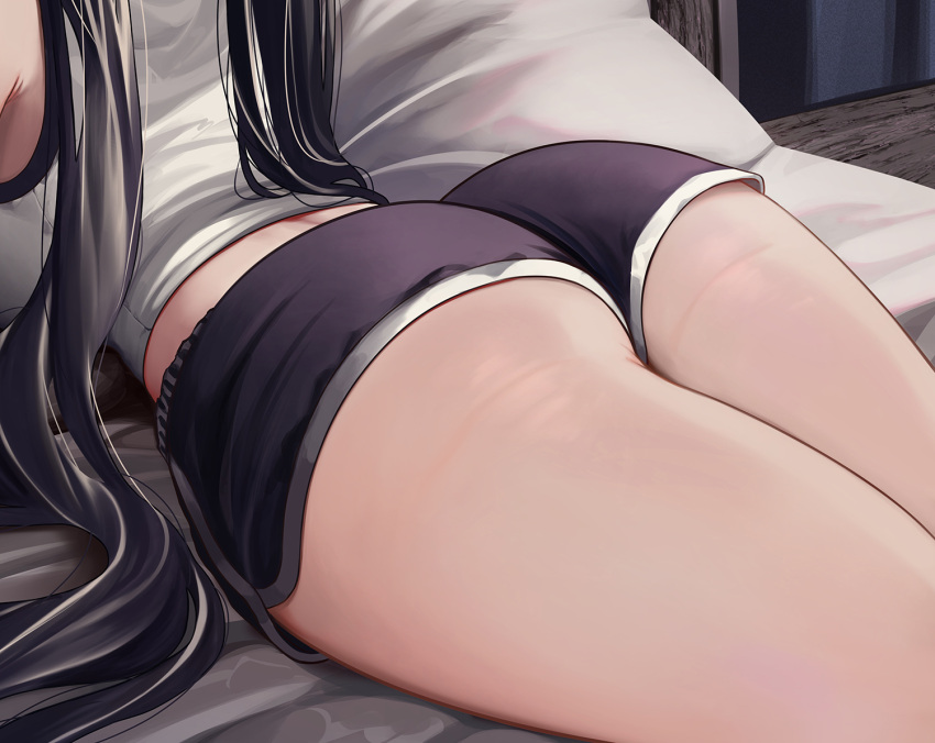 1girl ass ass_focus bed_sheet black_nails black_shorts breasts cellulite close-up from_behind indoors long_hair lying on_bed on_stomach original pillow priite_hari_(torriet) shirt short_shorts shorts solo torriet twintails very_long_hair white_shirt wooden_floor