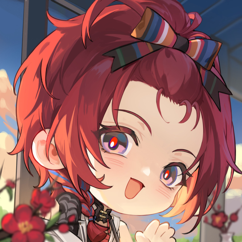 1girl absurdres blue_sky chibi chixia_(wuthering_waves) flower headband highres open_mouth outdoors red_eyes red_flower red_hair short_hair sky waving wuthering_waves yuden6969