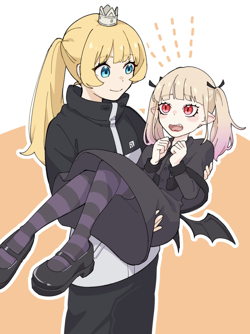 2girls black_capelet black_dress black_footwear black_jacket black_pants blonde_hair blue_eyes blush_stickers capelet carrying closed_mouth crown dress fangs feet_out_of_frame highres hime-sama_"goumon"_no_jikan_desu hime_(himesama_goumon) jacket lipstick looking_at_another low_wings makeup mini_crown multicolored_clothes multicolored_hair multicolored_jacket multiple_girls open_mouth pants pointy_ears ponytail princess_carry red_eyes short_twintails simple_background slit_pupils smile streaked_hair striped_clothes striped_thighhighs thighhighs turtleneck turtleneck_jacket twintails two-tone_jacket user_xcue8588 vampire vanilla_peschutz wavy_mouth white_jacket wings