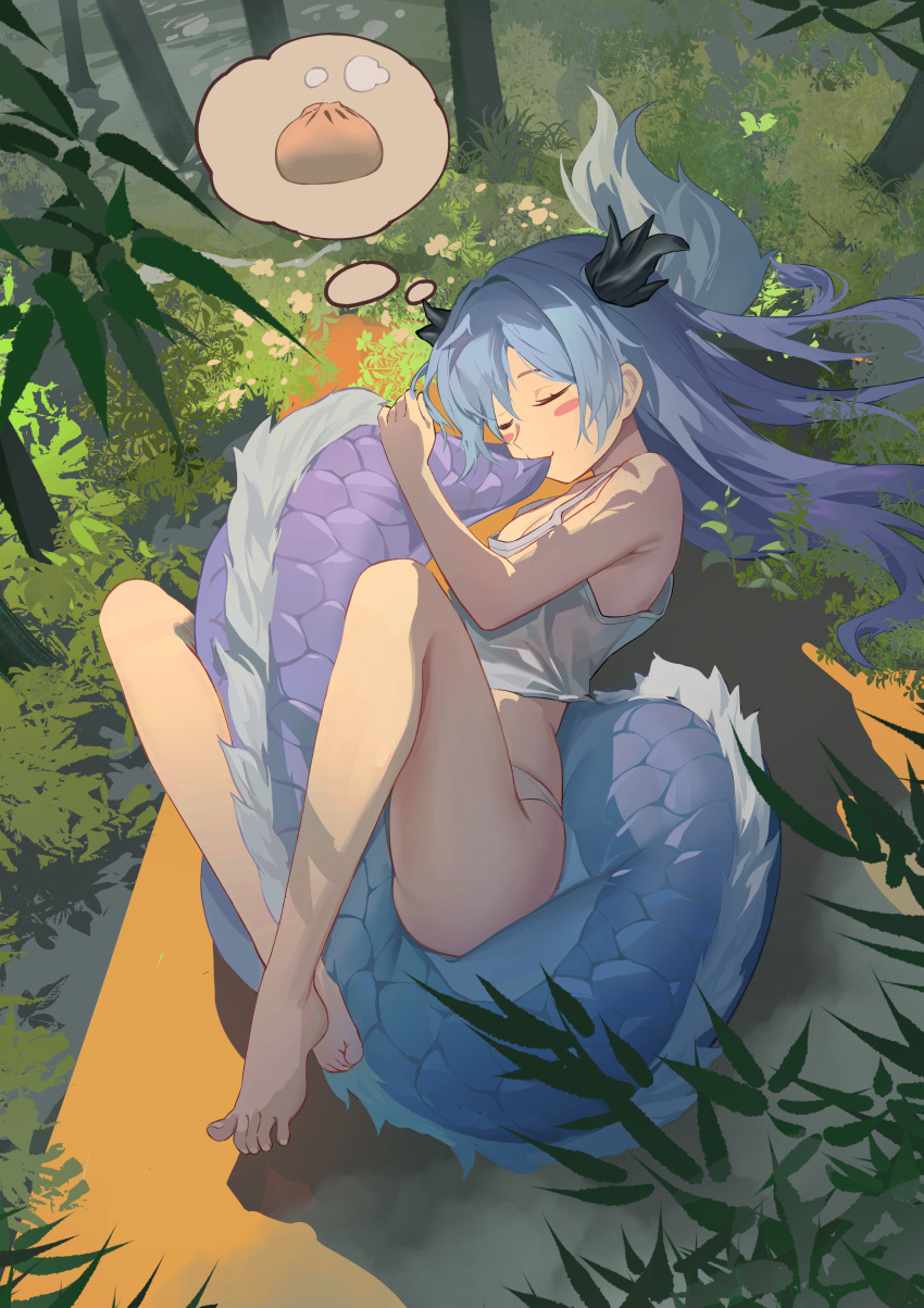 1girl absurdres armpit_crease azur_lane bamboo bamboo_forest baozi bare_arms bare_legs bare_shoulders barefoot biting biting_own_tail blue_hair blush_stickers breasts chinese_commentary cleavage closed_eyes commentary_request crop_top dorsiflexion dragon_girl dragon_horns dragon_tail dreaming feet food forest highres horns hugging_own_tail hugging_tail knees_apart_feet_together long_hair lung_wu_(azur_lane) lying nature on_back outdoors panties sleeping small_breasts solo tail tail_biting tank_top thighs toes underwear white_panties white_tank_top xiaoguolidun