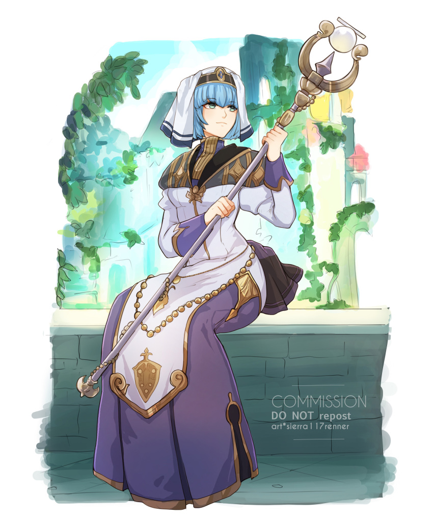 1girl absurdres artist_name blue_hair border closed_mouth commentary dress english_commentary fire_emblem fire_emblem_echoes:_shadows_of_valentia full_body gold_trim green_eyes highres holding holding_staff jewelry long_dress outdoors outside_border short_hair sierra117renner silque_(fire_emblem) sitting smile solo staff twitter_username white_border white_headwear