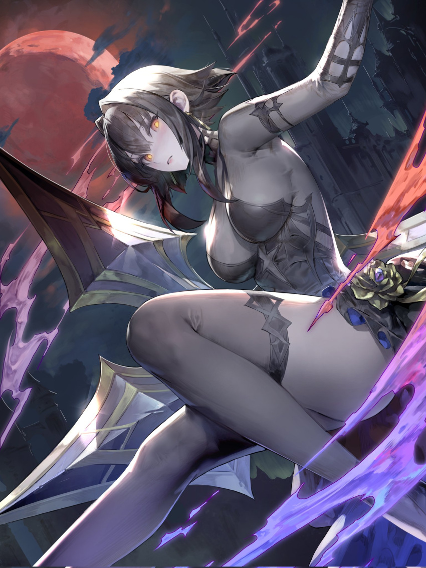 1girl armpits black_hair breasts character_request colored_skin copyright_request dress full_moon grey_skin grey_thighhighs highres jewelry jung_wonjo large_breasts looking_at_viewer moon night parted_lips red_moon short_hair sky solo thighhighs thighs weapon yellow_eyes
