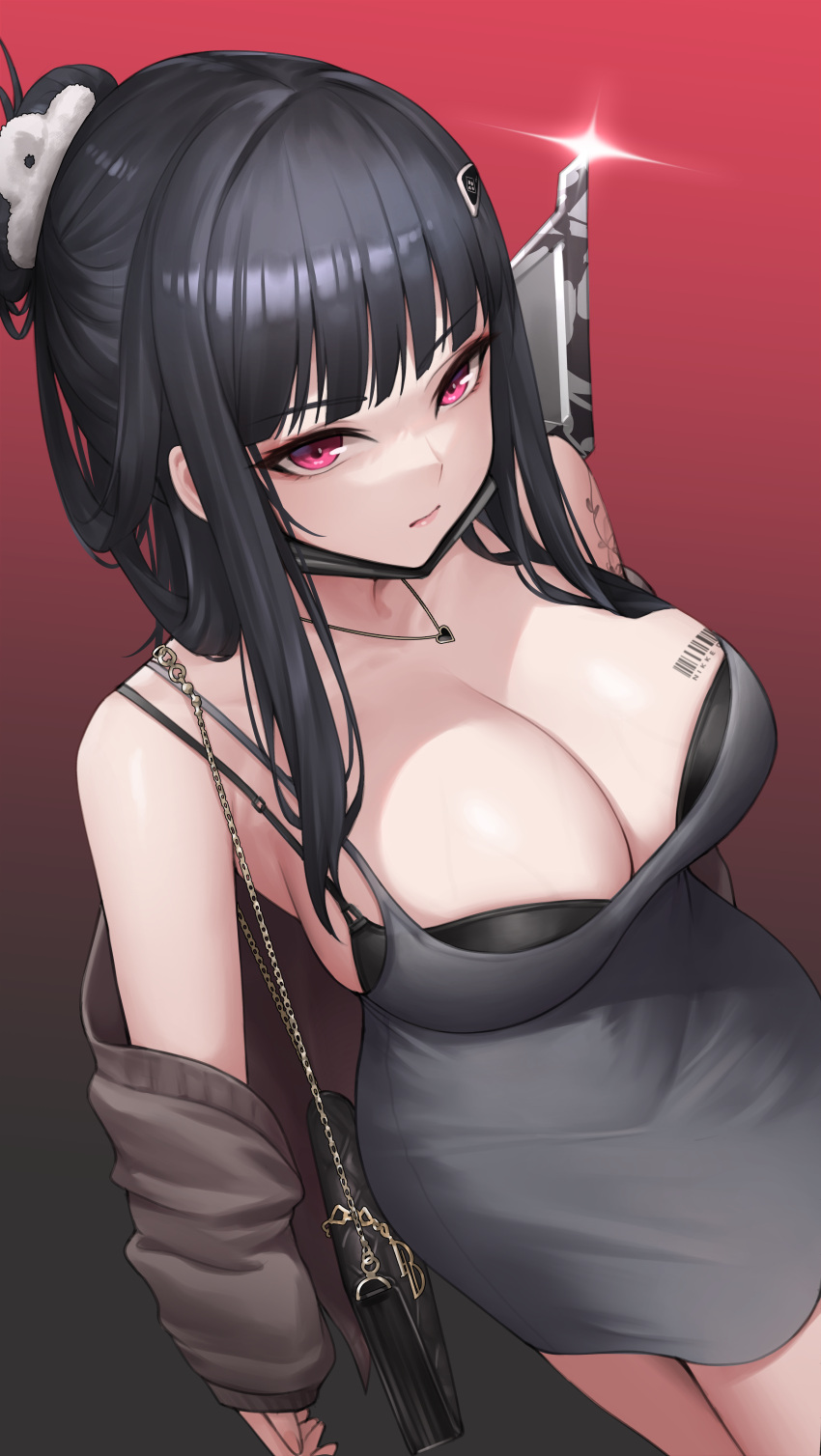 1girl absurdres barcode barcode_tattoo bare_shoulders black_bag black_hair breasts cleavage closed_mouth d_(killer_wife)_(nikke) d_(nikke) dress goddess_of_victory:_nikke gradient_background grey_dress hair_ornament heart heart_necklace highres jewelry kurone_rinka large_breasts long_hair long_sleeves looking_at_viewer necklace off_shoulder official_alternate_costume purple_eyes red_background revision simple_background solo tattoo veins veiny_breasts