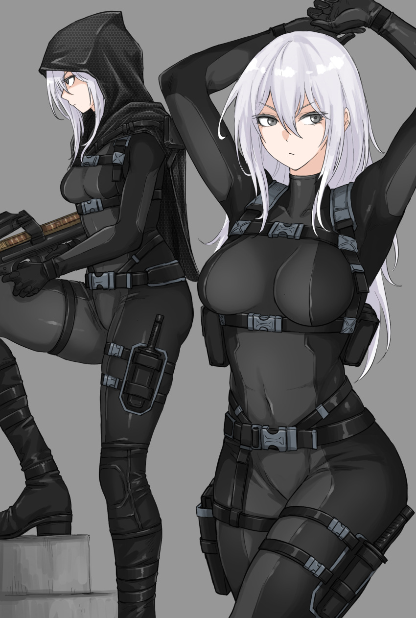 1girl absurdres arms_up bodysuit breasts bullet_line bullpup fuku_(fuku12290574) grey_background grey_eyes gun highres holding holding_gun holding_weapon hood hood_up long_hair medium_breasts military original p90 simple_background solo submachine_gun weapon white_hair