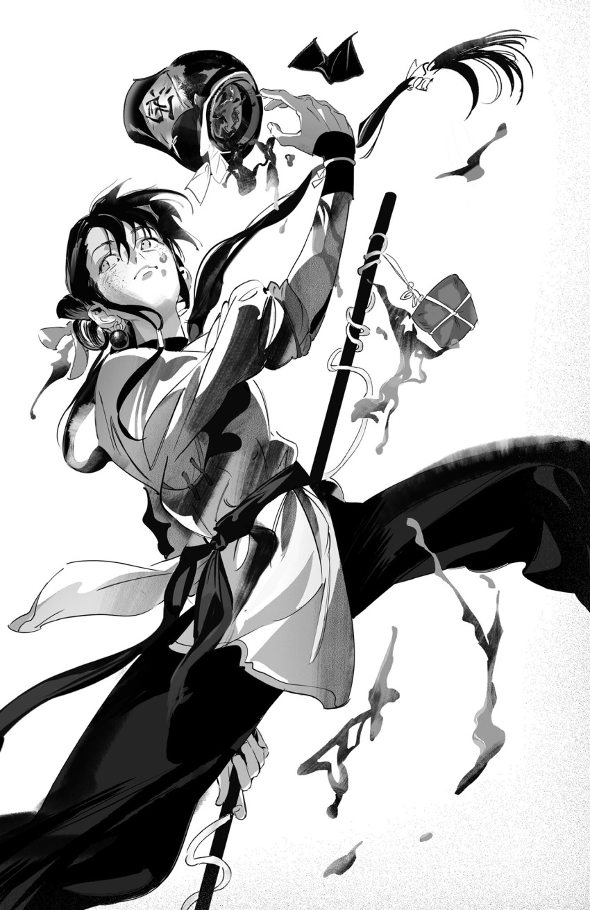 1girl alcohol androgynous chinese_clothes daxing_jia_quan dutch_angle earrings fighting_stance floating_hair food freckles from_below greyscale hair_bun hair_tubes hand_up highres holding holding_polearm holding_weapon jewelry legs_up long_hair long_sleeves low-tied_long_hair monochrome original outstretched_arm pants polearm ponytail sash sideways_glance simple_background single_side_bun sleeves_rolled_up smile solo spilling standing toggles tossing urn weapon wet wristband