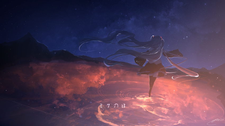 1girl arm_up black_skirt black_thighhighs blue_hair blue_sky cloud cloudy_sky detached_sleeves facing_ahead floating_hair from_behind grey_shirt hair_ornament hatsune_miku highres long_hair long_sleeves miku_day miniskirt night outdoors outstretched_arm pleated_skirt reflection reflective_water ripples rock rune_xiao shirt skirt sky sleeveless sleeveless_shirt solo space star_(sky) starry_sky thighhighs very_long_hair vocaloid zettai_ryouiki