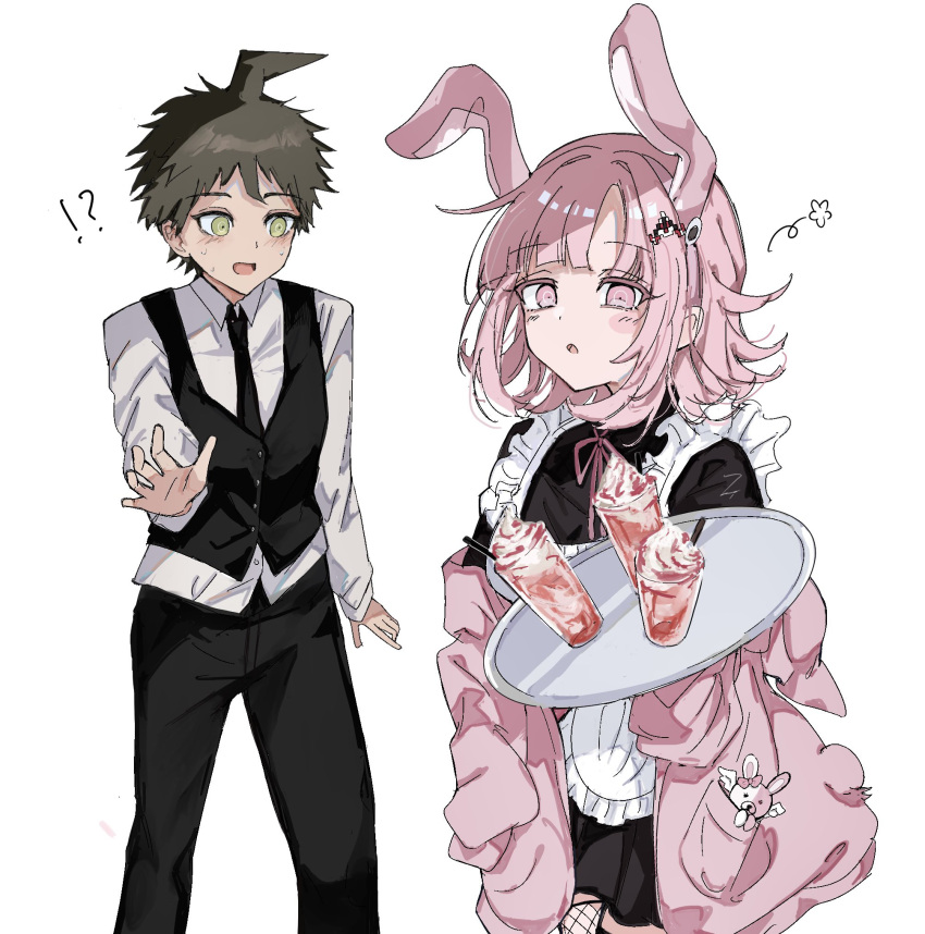 !? 1boy 1girl :o ahoge alternate_costume animal_ears apron black_necktie black_pants black_vest blush breasts brown_eyes danganronpa_(series) danganronpa_2:_goodbye_despair enmaided fake_animal_ears grey_shirt highres hinata_hajime holding holding_tray jacket long_sleeves looking_at_viewer maid maid_apron medium_breasts nanami_chiaki necktie pants pink_eyes pink_jacket shirt simple_background spaceship_hair_ornament tray ura_(xruqa) usami_(danganronpa) vest