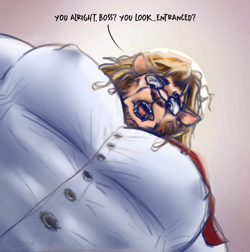 anthro beastars big_pecs clothed clothing english_text eyewear felid fur glasses hair hi_res ibuki_(beastars) lion looking_at_viewer looking_down low-angle_view male mammal mane meme muscular muscular_anthro muscular_male necktie nipples open_mouth pantherine pec_pov_meme pecs shirt simple_background solo text thirstydraws tight_clothing tight_shirt tight_topwear topwear