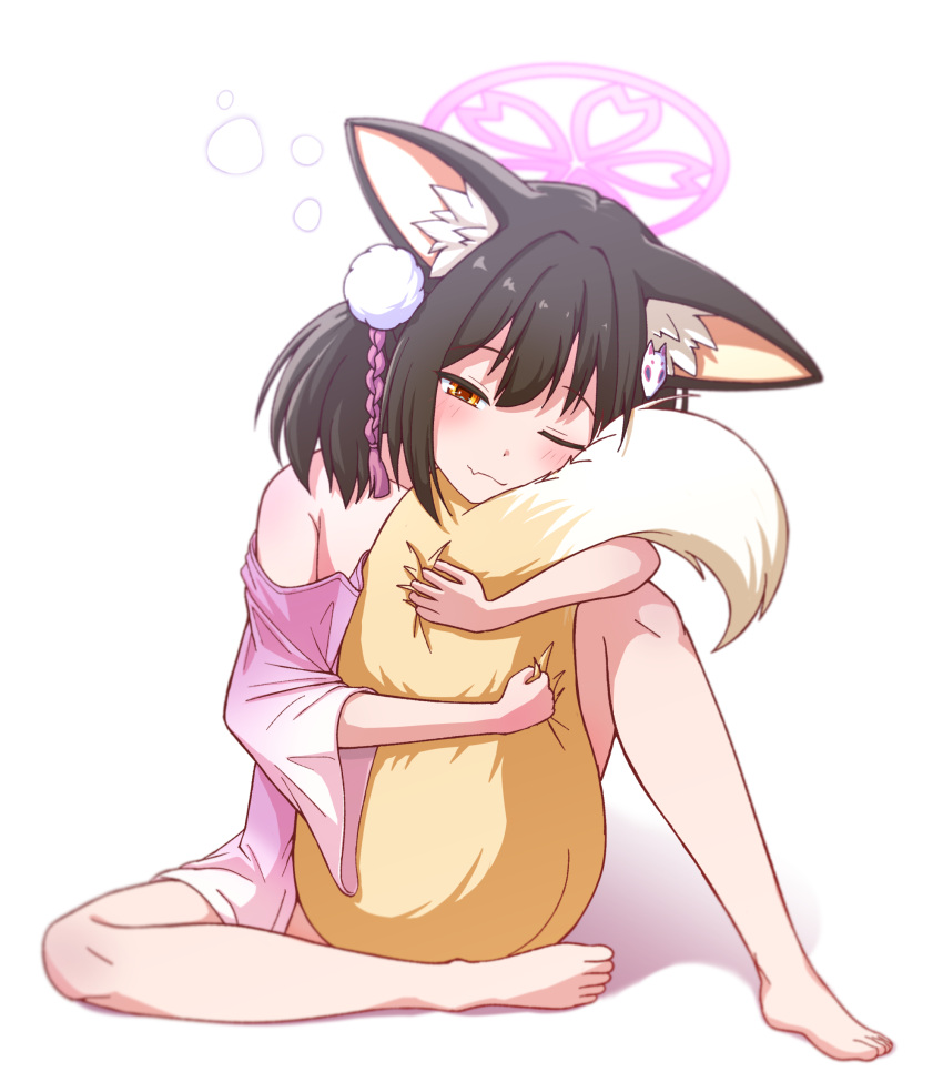 1girl animal_ear_fluff animal_ears barefoot black_hair blue_archive blush brown_eyes fang feet fox_ears fox_girl fox_tail hair_ornament halo highres hugging_own_tail hugging_tail izuna_(blue_archive) knee_up legs mugisepa no_pants one_eye_closed pink_halo pink_shirt pom_pom_(clothes) pom_pom_hair_ornament shirt short_hair sitting sleepy solo spread_legs tail thighs toes