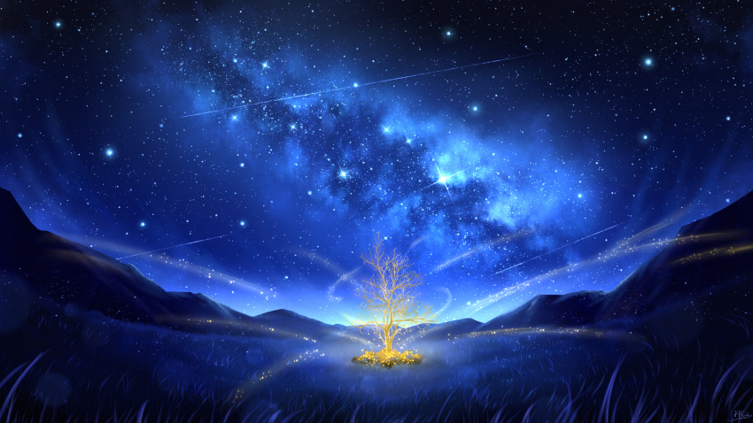 absurdres galaxy glowing grass highres hkcutie landscape light_particles mountain nature night night_sky no_humans original outdoors sapling scenery shooting_star signature sky star_(sky) starry_sky