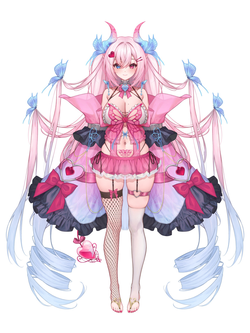 1girl absurdres asymmetrical_legwear babydoll black_panties blue_butterfly blue_hair blue_horns bow bowtie breasts bug butterfly butterfly_hair_ornament canaria_(vtuber) chain cleavage demon_horns demon_tail detached_sleeves drill_hair fishnet_thighhighs fishnets flower frilled_babydoll frilled_sleeves frills full_body gold_chain gold_trim gradient_hair gradient_horns gradient_sleeves hair_ornament hairclip heart heart-shaped_lock heart_hair_ornament heart_o-ring highres horns ijac_ray indie_virtual_youtuber large_breasts long_hair mismatched_legwear mole mole_on_breast multicolored_hair multicolored_horns nail_polish navel panties pelvic_curtain pink_babydoll pink_bow pink_bowtie pink_flower pink_hair pink_horns pink_nails pink_rose pink_skirt pink_sleeves pointy_ears rose second-party_source see-through side-tie_panties single_fishnet_legwear skirt solo stirrup_legwear stomach_tattoo tail tail_bow tail_ornament tattoo thighhighs toeless_legwear toenail_polish toenails underwear very_long_hair virtual_youtuber white_babydoll white_thighhighs wrist_flower