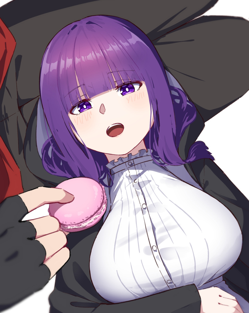 1boy 1girl :o black_gloves black_robe blunt_bangs blush breasts bright_pupils commentary_request dress feeding fern_(sousou_no_frieren) fingerless_gloves food gloves highres holding holding_food hyoe_(hachiechi) lap_pillow large_breasts looking_at_viewer macaron pov pov_hands purple_eyes purple_hair robe sousou_no_frieren stark_(sousou_no_frieren) white_dress white_pupils