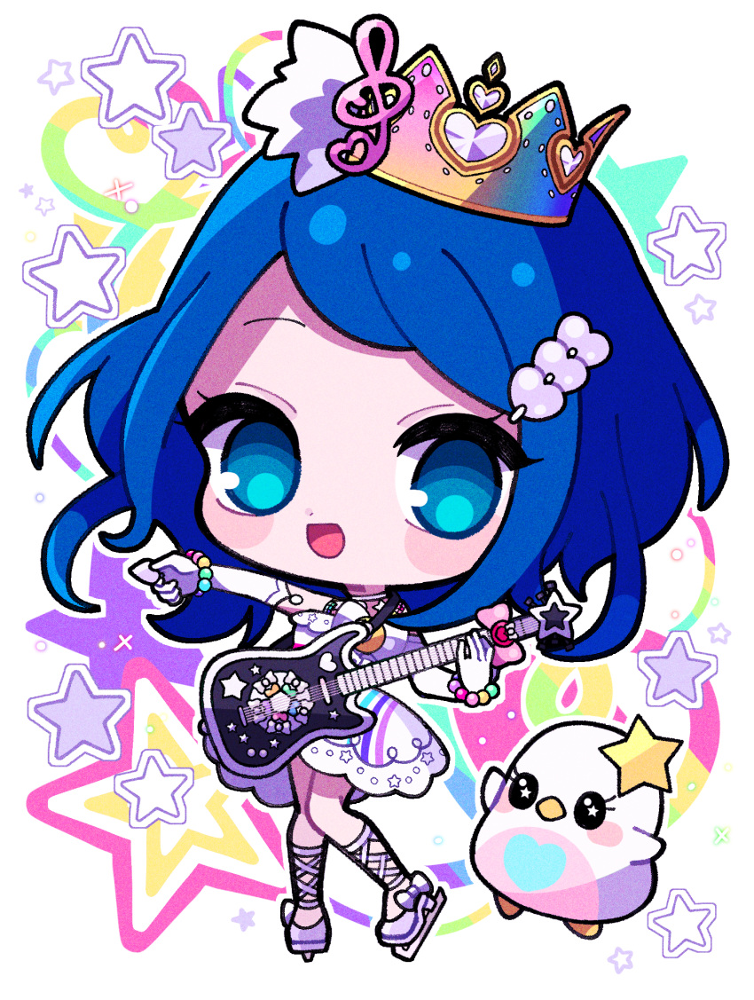 1girl :d bird blue_eyes blue_hair bracelet chibi commentary_request crown dress elbow_gloves full_body gloves guitar hair_ornament heart heart_hair_ornament highres holding holding_guitar holding_instrument holding_plectrum ice_skates instrument jewelry kohinata_kanoo looking_at_viewer open_mouth plectrum pretty_rhythm pretty_rhythm_rainbow_live pretty_series rinne_(pretty_rhythm) short_hair skates smile solo standing star_(symbol) starry_background treble_clef white_dress white_gloves