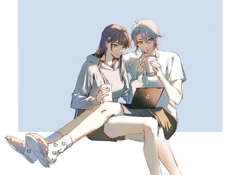 1boy 1girl absurdres blue_eyes blue_hair blunt_bangs computer contemporary cup disposable_cup drinking_straw genshin_impact hair_between_eyes hair_ornament hairclip hand_up highres holding holding_cup hood hoodie kamisato_ayato knees laptop legs legs_on_another's_lap light_blue_hair long_hair looking_at_object mole mole_under_eye purple_eyes purple_hair raiden_shogun shirt shorts simple_background sitting slippers socks thighs white_shirt zai_aoye_wo_shi_gou