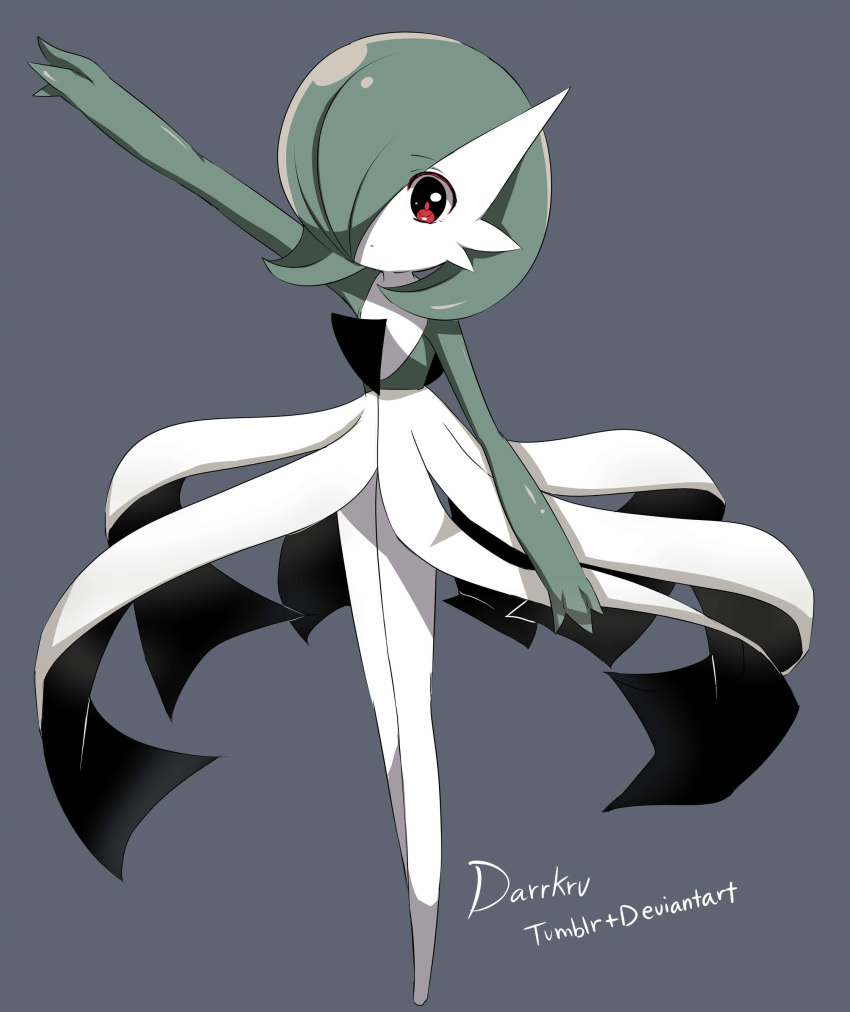 absurdres arm_up artist_name bob_cut colored_skin darrkru dress gardevoir green_hair grey_background hair_over_one_eye highres multicolored_skin pokemon pokemon_(creature) red_eyes simple_background two-tone_skin white_dress white_skin