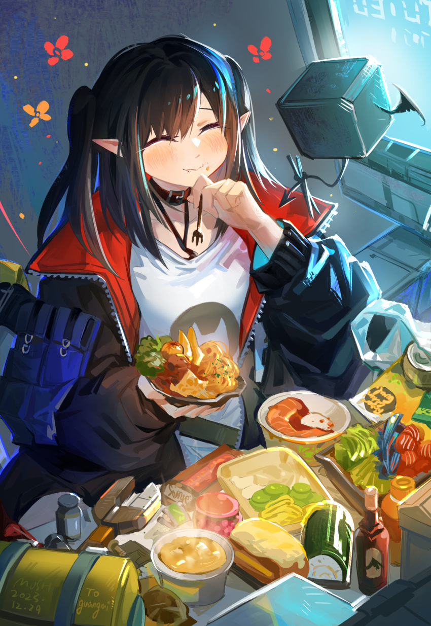 1girl :t arknights bag belt_collar black_hair black_jacket blush bottle chinese_commentary closed_eyes closed_mouth closure_(arknights) collar commentary_request commission dated drone eating flower food fork hair_between_eyes highres holding holding_food holding_fork holding_plate jacket jar long_hair long_sleeves monitor mush open_clothes open_jacket plastic_bag plate pointy_ears red_collar red_jacket shirt smile solo soup swept_bangs two-sided_fabric two-sided_jacket two_side_up upper_body white_shirt