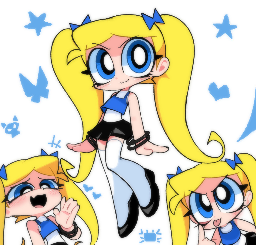 1girl :3 bare_arms bare_shoulders black_skirt black_wristband blonde_hair blue_bow blue_eyes blue_tank_top bow brat_(ppg) commentary crop_top dark_persona english_commentary eyelashes hair_bow highres kim_crab laughing long_hair looking_at_viewer miniskirt multiple_hair_bows multiple_views multiple_wristbands parted_bangs powerpuff_girls shirt short_bangs skirt sleeveless sleeveless_shirt tank_top thighhighs tongue tongue_out twintails very_big_eyes very_long_hair white_background white_thighhighs white_undershirt zettai_ryouiki