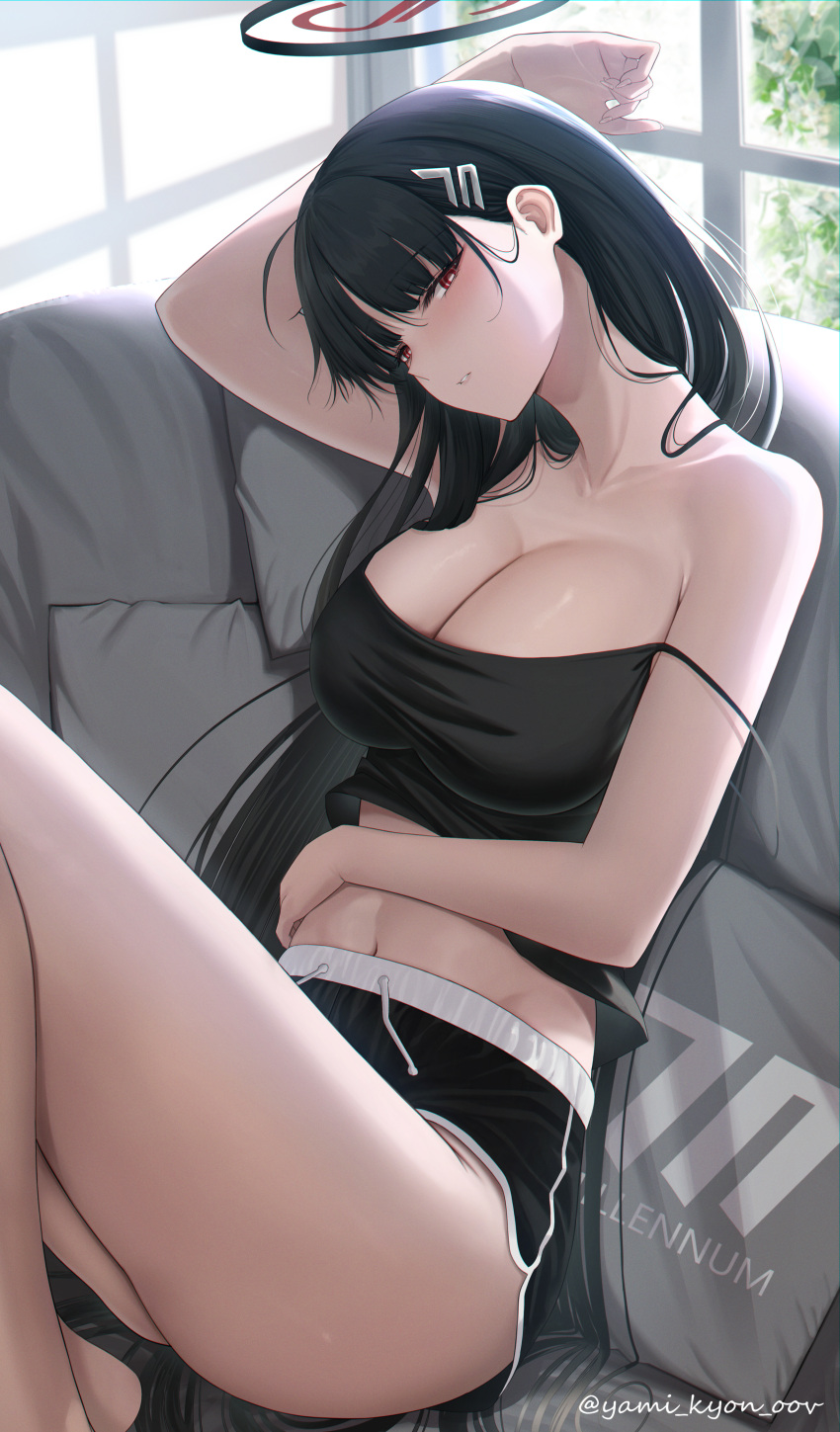 1girl absurdres bare_arms bare_shoulders black_camisole black_hair blue_archive blush breasts bright_pupils camisole cleavage collarbone couch dolphin_shorts hair_ornament hairclip halo highres large_breasts long_hair looking_at_viewer micro_shorts navel on_couch red_eyes rio_(blue_archive) shirt shorts solo thighs very_long_hair yamikyon