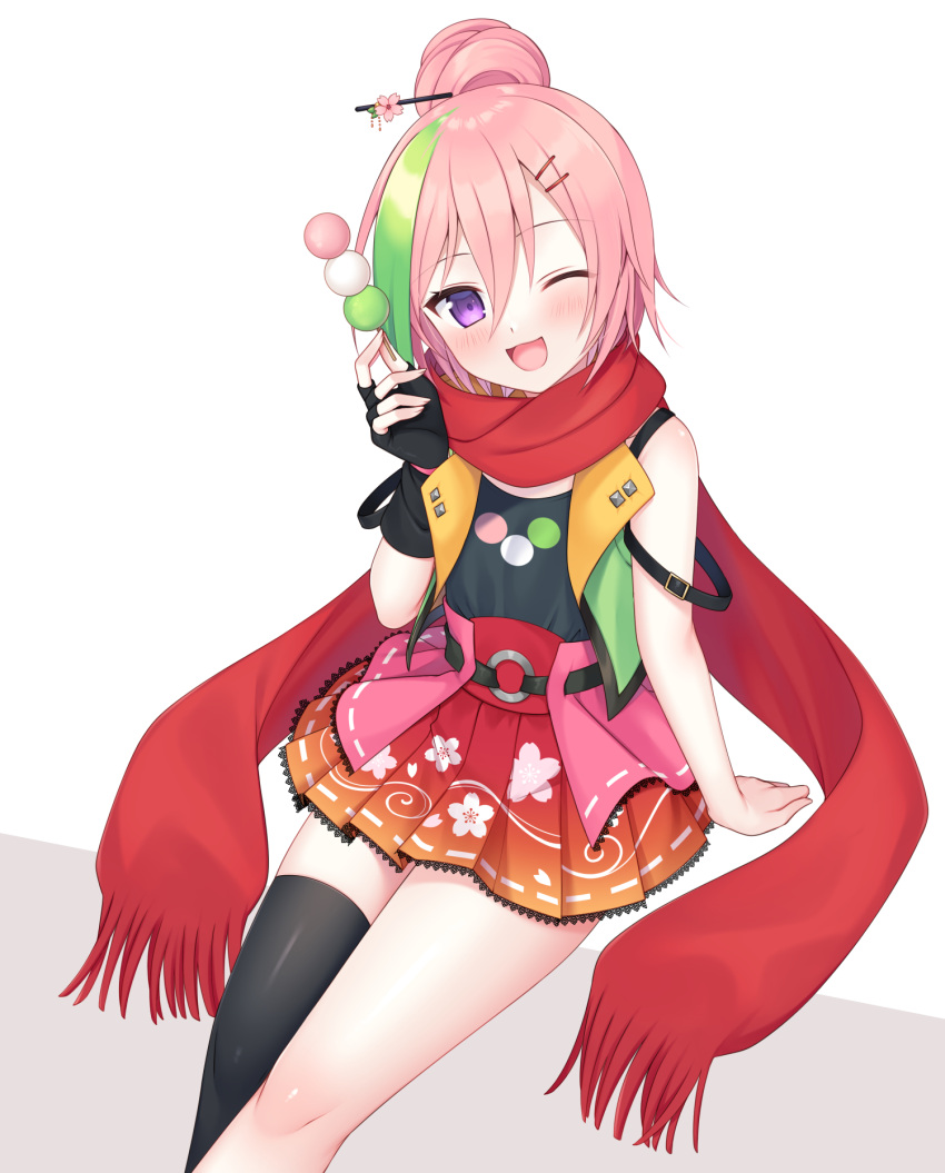 1girl blush dango food green_hair hair_ornament highres holding holding_food jacket multicolored_hair nata_ichio one_eye_closed open_mouth original pink_hair purple_eyes red_scarf red_skirt scarf single_thighhigh skirt smile solo thighhighs wagashi