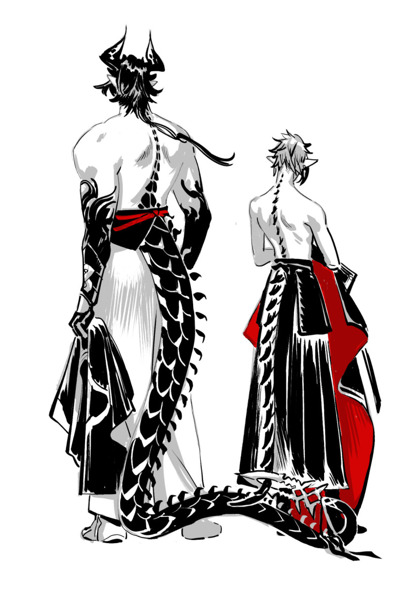 2boys arknights character_request check_character chong_yue_(arknights) commentary contrast dragon_horns dragon_tail english_commentary facing_away from_behind gauntlets hakama height_difference highres holding holding_clothes horns hwei japanese_clothes male_focus monochrome multiple_boys muscular muscular_male pointy_ears sandals sash short_hair short_hair_with_long_locks skinny socks spot_color standing tail topless_male zouri zuo_le_(arknights)