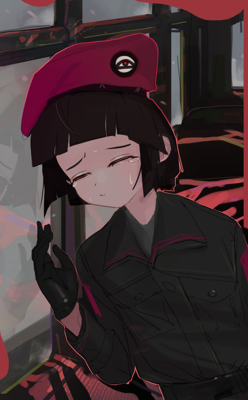 1girl absurdres beret black_gloves closed_eyes closed_mouth crying facing_viewer fulgora_(polilla) gloves hand_up hat highres jacket long_sleeves original polilla red_headwear tears upper_body