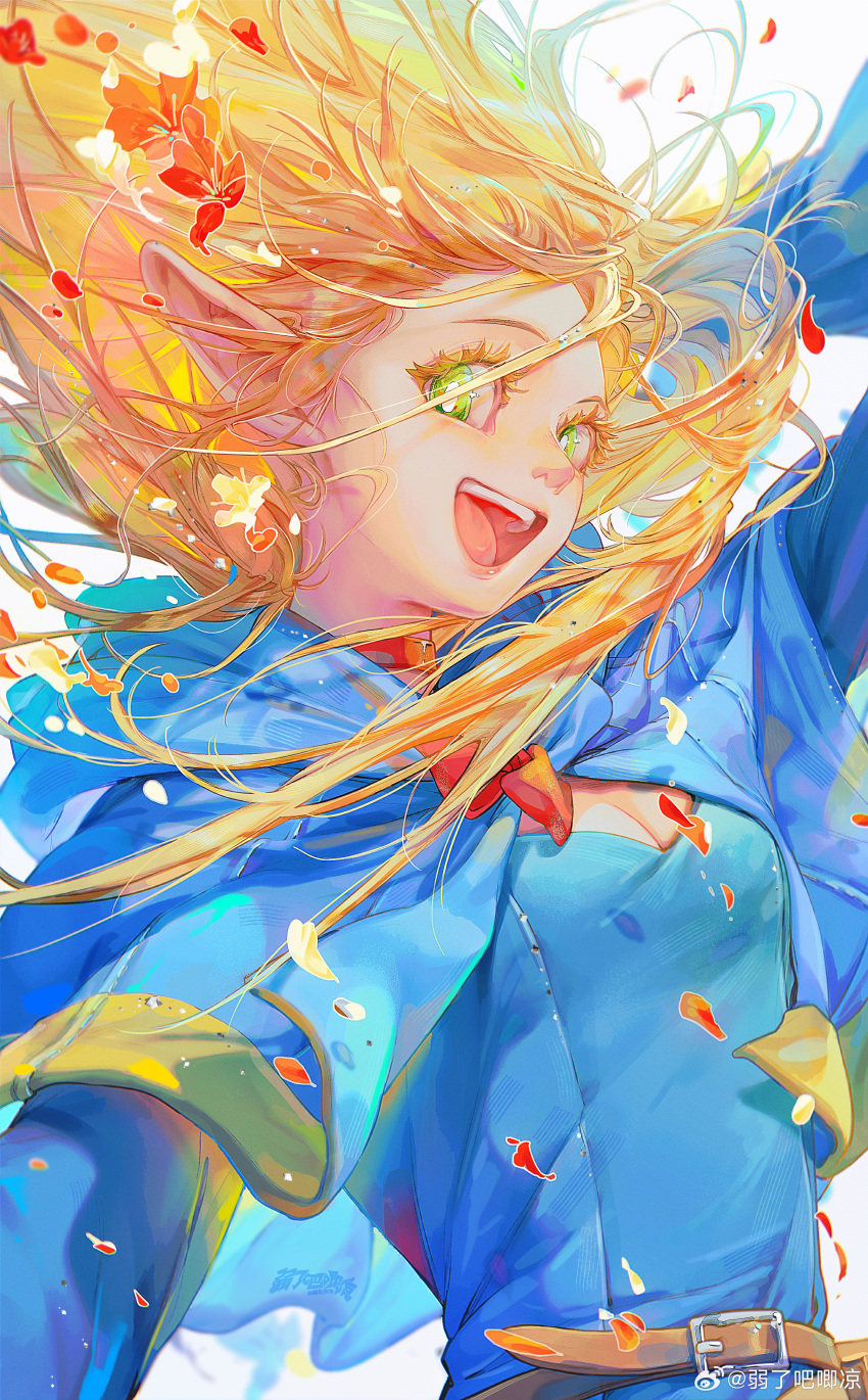 1girl absurdres blonde_hair blue_capelet blue_theme breasts capelet chinese_commentary choker cleavage colored_eyelashes dungeon_meshi elf falling_petals floating_hair green_eyes hair_down hair_over_one_eye happy highres hood hood_down hooded_capelet long_hair long_sleeves looking_at_viewer marcille_donato open_mouth outstretched_arms petals pointy_ears ruoliang solo upper_body weibo_logo weibo_username