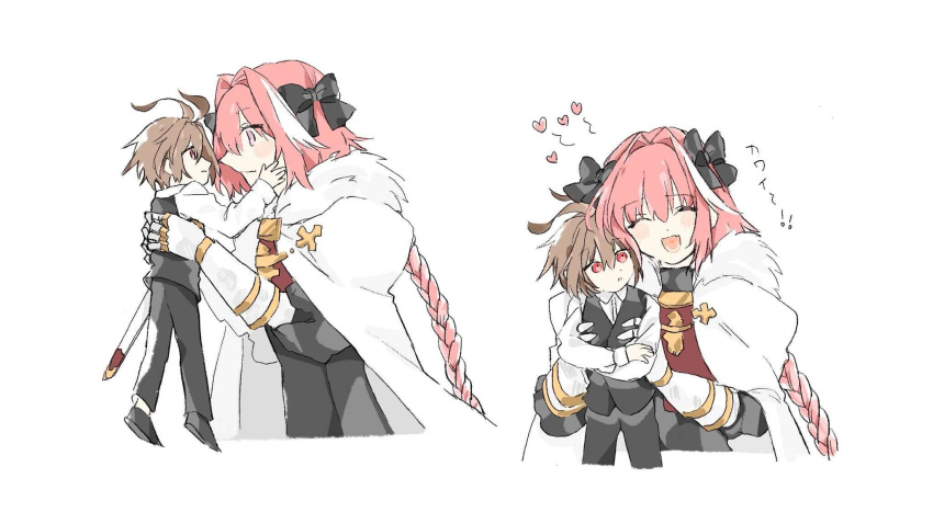 ! !! 2boys ^_^ antenna_hair archived_source astolfo_(fate) black_bow black_pants black_vest bow braid cape closed_eyes closed_mouth deformed dress_shirt fang fate/apocrypha fate_(series) fur-trimmed_cape fur_trim hair_bow hair_intakes hand_on_another's_face heart highres holding kano201215 light_blush light_brown_hair long_braid long_hair male_focus mini_person miniboy multicolored_hair multiple_boys open_mouth otoko_no_ko pants pink_hair purple_eyes red_eyes shirt sieg_(fate) simple_background single_braid skin_fang smile streaked_hair two-tone_hair very_long_hair vest white_background white_cape white_hair white_shirt