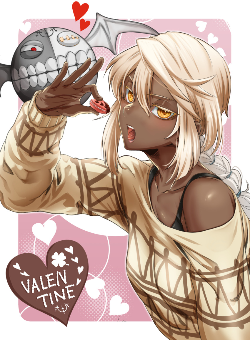 1girl blonde_hair braid dark-skinned_female dark_skin eating food guilty_gear guilty_gear_strive guilty_gear_strive_x_tower_records hair_between_eyes highres kusu_(moo1225) long_hair long_sleeves looking_at_viewer lucifero_(guilty_gear) macaron off_shoulder official_alternate_costume open_mouth orange_eyes ramlethal_valentine single_braid solo sweater tower_records valentine yellow_sweater