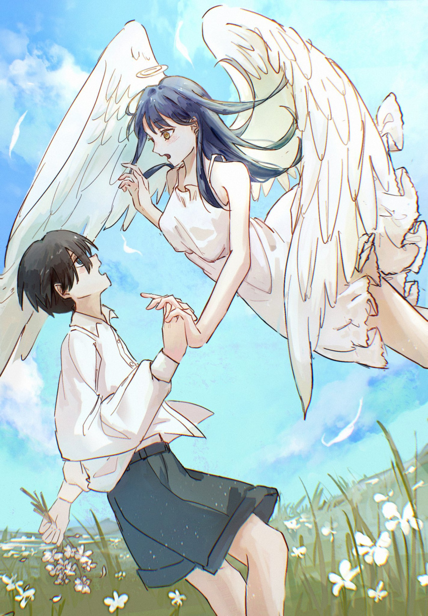 1boy 1girl angel angel_wings blue_eyes blue_hair blue_shorts boku_no_kokoro_no_yabai_yatsu brown_eyes collared_shirt dark_blue_hair dress feathered_wings field flower flower_field halo highres holding_hands ichikawa_kyoutarou long_hair looking_at_another minoispog open_mouth outdoors profile shirt short_hair shorts sky white_dress white_shirt white_wings wings yamada_anna