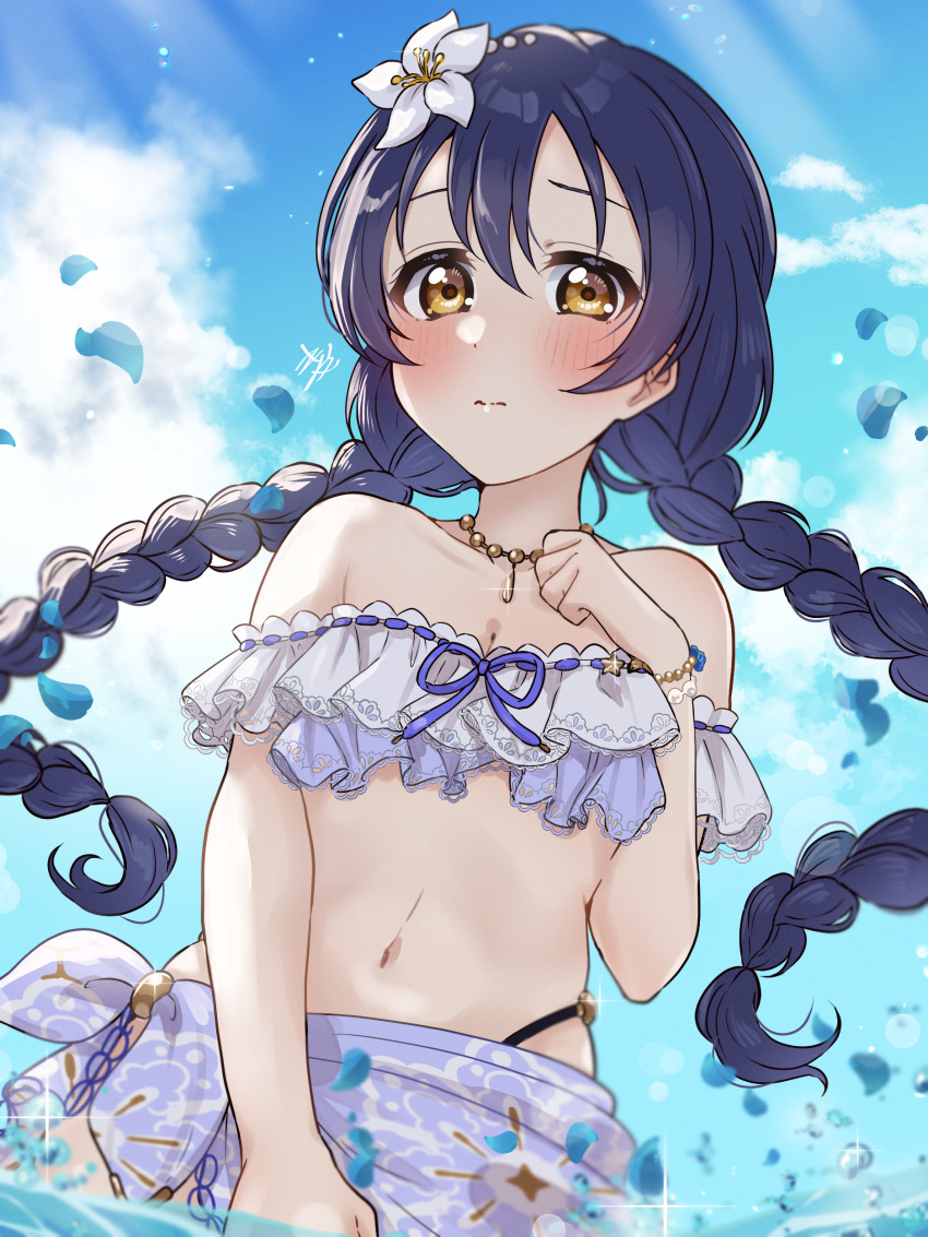 1girl absurdres bikini birthday blue_hair blue_sky bracelet braid breasts cleavage cloud cloudy_sky commentary flower hair_flower hair_ornament highres jewelry kyaku_tatsu long_hair love_live! love_live!_school_idol_project necklace off-shoulder_bikini off_shoulder sarong signature sky small_breasts sonoda_umi swimsuit twin_braids upper_body water yellow_eyes