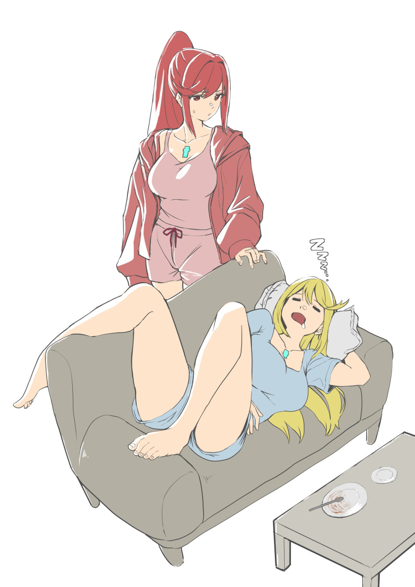 2girls absurdres bare_legs bare_shoulders barefoot breasts casual chest_jewel core_crystal_(xenoblade) couch feet glimmer_(xenoblade) high_ponytail highres karian909 large_breasts legs long_hair lying multiple_girls mythra_(xenoblade) on_couch pillow plate ponytail red_eyes red_hair short_hair sleeping spoon swept_bangs table toes xenoblade_chronicles_(series) xenoblade_chronicles_2 xenoblade_chronicles_3 xenoblade_chronicles_3:_future_redeemed