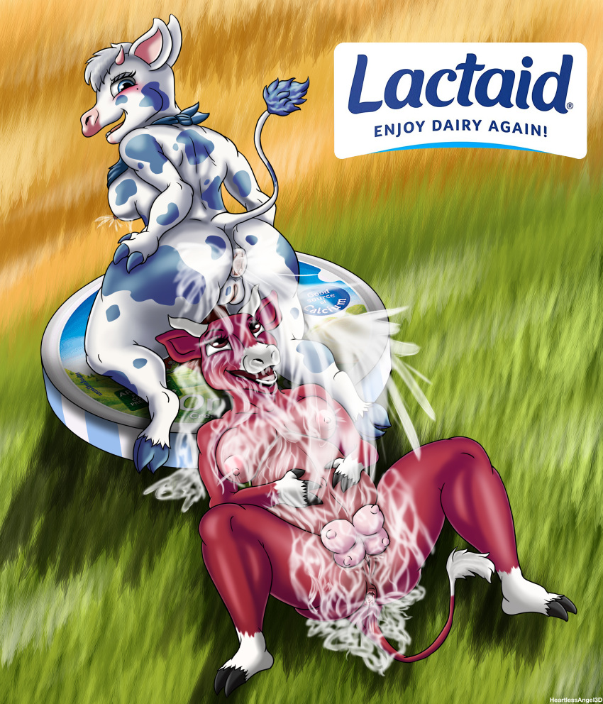 absurd_res anthro anus bandanna blue_body blue_fur blush bovid bovine breasts butt cattle crossover duo english_text female female/female fur genitals grass group hair hand_on_butt heartlessangel3d hi_res hooves kerchief lactaid lactaid_cow mammal mascot milk milk_enema milk_from_ass outside plant pussy red_body red_fur smile solo teats text the_laughing_cow trio udders white_body white_fur white_hair