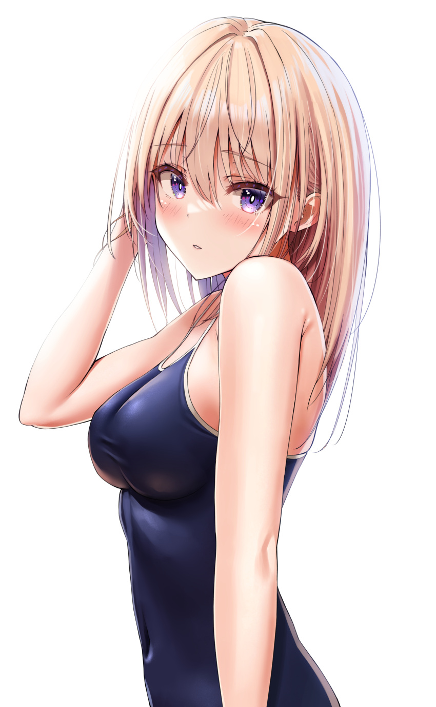 1girl absurdres bare_arms black_one-piece_swimsuit blonde_hair blush breasts commentary_request covered_navel hair_between_eyes highres long_hair looking_at_viewer medium_breasts one-piece_swimsuit original parted_lips purple_eyes school_swimsuit sidelocks simple_background swimsuit upper_body white_background yukemuriganmo