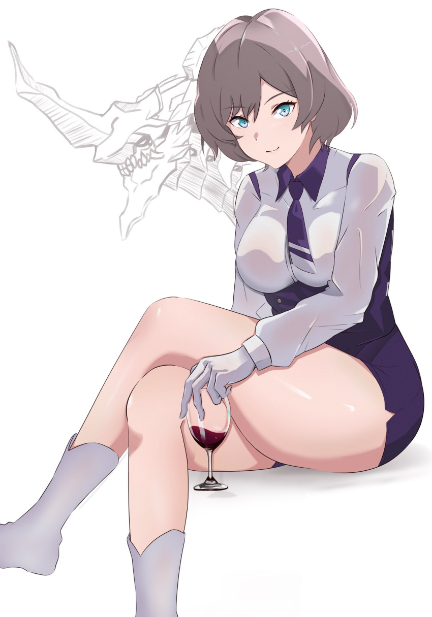 1girl alcohol blue_eyes breasts cup drinking_glass gagula gloves gridman_universe highres holding holding_cup large_breasts looking_at_viewer mujina necktie shee-p_(inemurisheep113) short_hair shorts solo ssss.dynazenon thighs white_gloves wine wine_glass