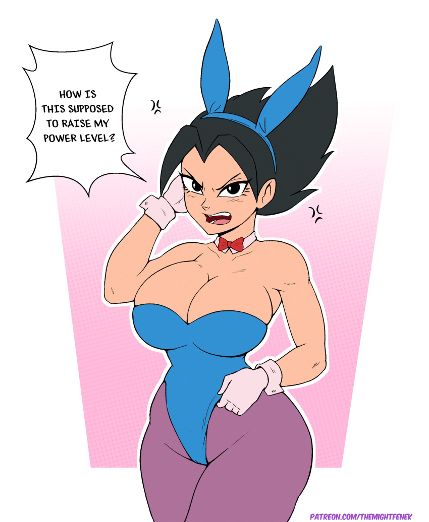 absurdres angry animal_ears black_eyes black_hair blue_headwear blue_leotard bow bowtie breasts choker cleavage dragon_ball dragon_ball_z genderswap genderswap_(mtf) gloves hand_on_own_hip highres large_breasts leotard open_mouth pantyhose patreon_username playboy_bunny purple_pantyhose rabbit_ears red_bow red_bowtie shouting simple_background speech_bubble spiked_hair themightfenek two-tone_background vegeta white_choker white_gloves