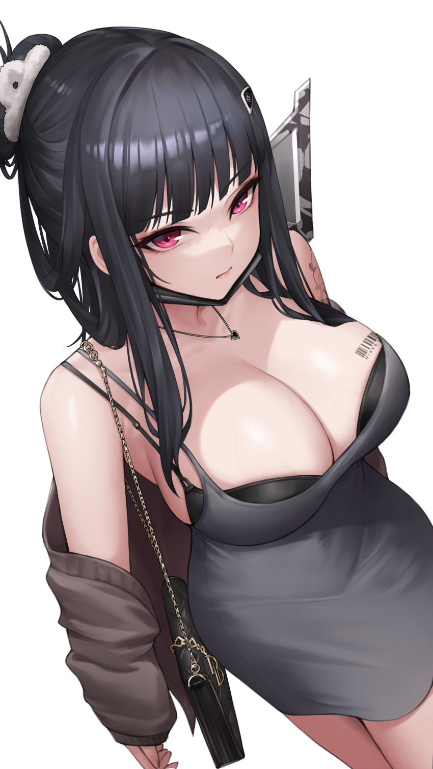 1girl absurdres barcode barcode_tattoo bare_shoulders black_bag black_hair breasts cleavage closed_mouth d_(killer_wife)_(nikke) d_(nikke) dress goddess_of_victory:_nikke gradient_background grey_dress hair_ornament heart heart_necklace highres jewelry kurone_rinka large_breasts long_hair long_sleeves looking_at_viewer necklace off_shoulder official_alternate_costume purple_eyes simple_background solo tattoo veins veiny_breasts white_background