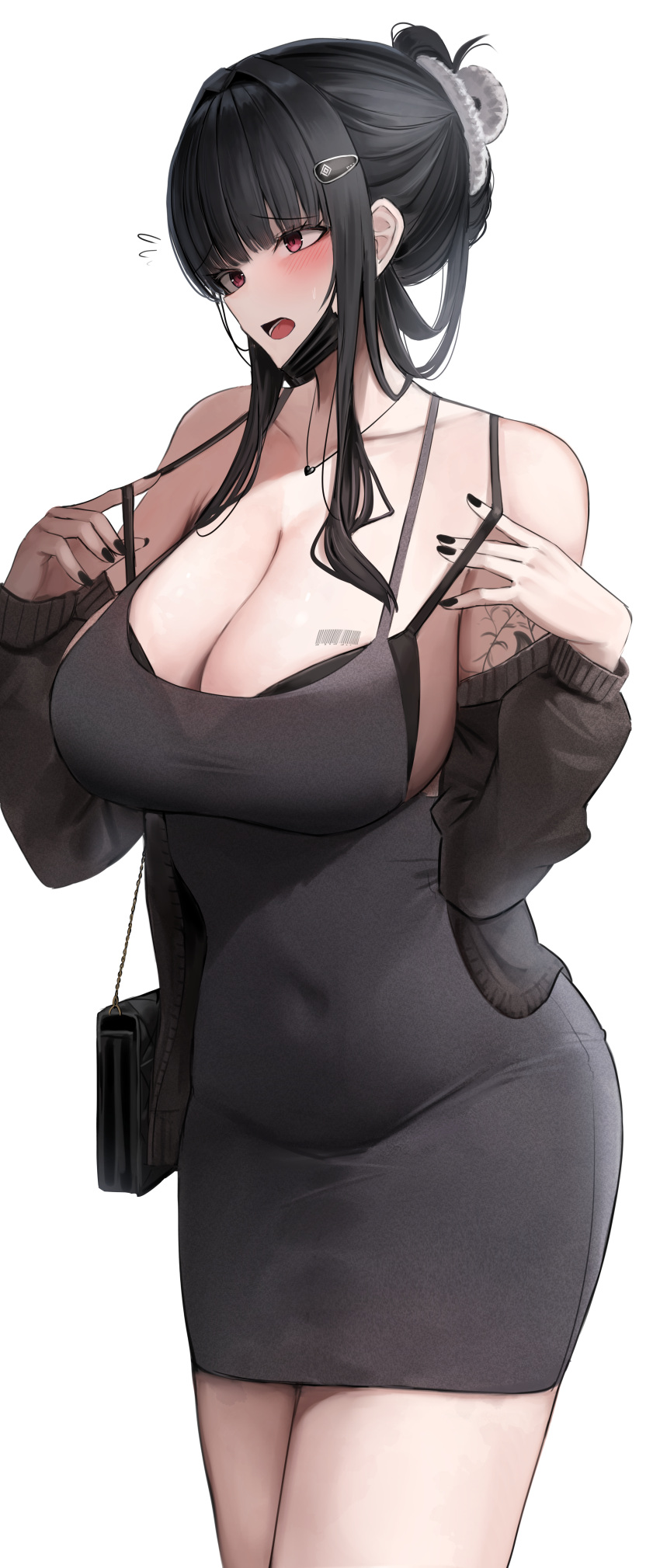 1girl :o absurdres alternate_costume arm_tattoo barcode barcode_tattoo bare_shoulders black_bra black_cardigan black_dress black_hair black_mask blush bra breast_tattoo breasts cardigan cleavage collarbone commentary covered_navel cropped_cardigan d_(killer_wife)_(nikke) dongtan_dress dress fingernails flying_sweatdrops goddess_of_victory:_nikke hana_hebi highres huge_breasts looking_ahead mask meme_attire mouth_mask nail_polish red_eyes sidelocks simple_background sleeveless sleeveless_dress solo tattoo underwear white_background