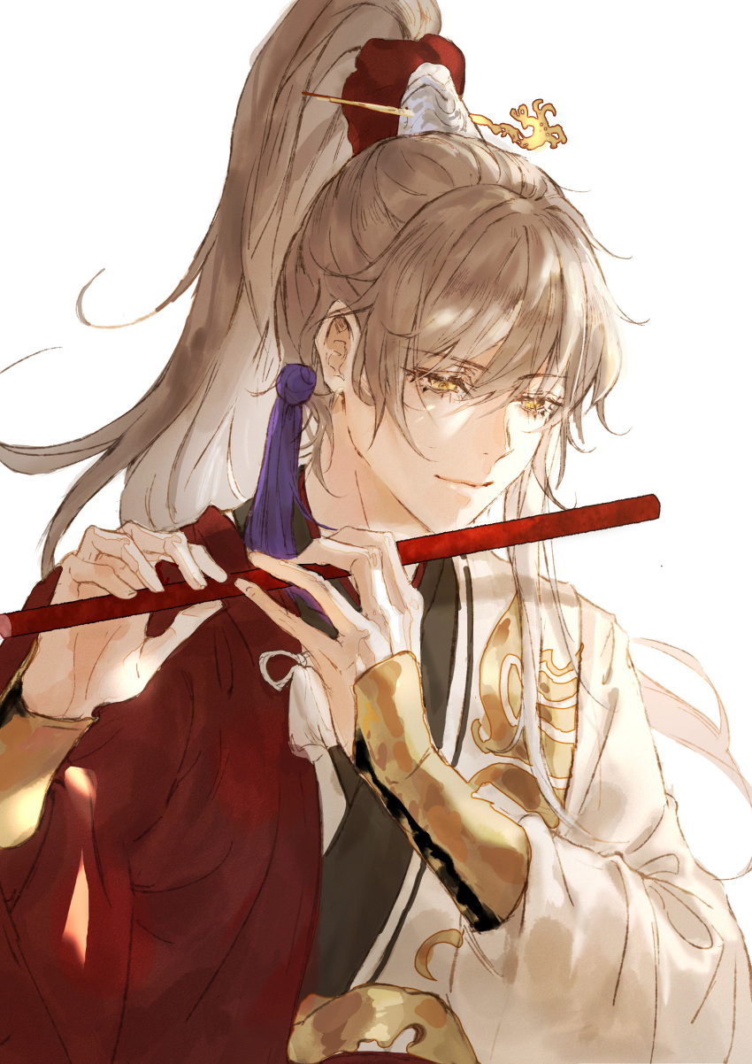 1boy absurdres androgynous archer_(fate/samurai_remnant) chinese_clothes closed_mouth fate/samurai_remnant fate_(series) flute hair_ornament hair_stick half-closed_eyes highres holding holding_flute holding_instrument instrument light_brown_hair long_hair long_sleeves looking_down male_focus ponytail simple_background smile solo tassel tassel_hair_ornament tenderina_123 upper_body white_background yellow_eyes