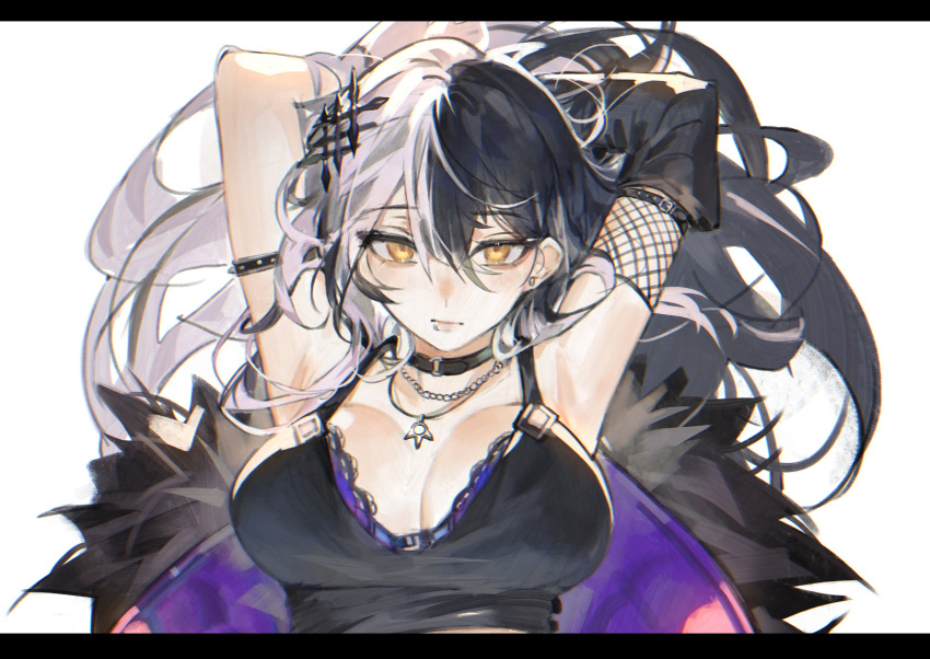 1girl armpits arms_up black_coat black_hair black_tank_top bra breasts choker coat earrings fishnet_armwear fishnets fur_coat hair_ornament highres hololive hololive_english jewelry large_breasts lip_piercing lip_ring long_hair looking_at_viewer lucadark_art multicolored_hair necklace piercing shiori_novella shiori_novella_(1st_costume) simple_background solo tank_top underwear virtual_youtuber white_background white_hair yellow_eyes