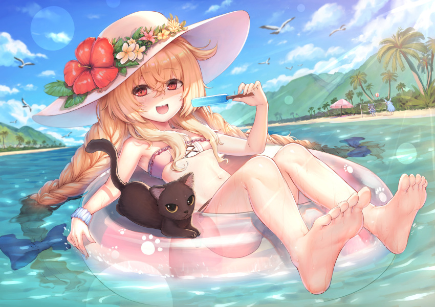 3girls :d afloat ball bare_arms bare_legs barefoot beach beach_umbrella beachball bikini bird black_cat blonde_hair bow braid cat cloud commentary_request day dutch_angle feet flat_chest flower food foot_focus foreshortening frilled_bikini frills full_body hair_between_eyes hair_bow hand_up hat hat_flower hibiscus highres holding holding_food innertube legs lens_flare little_witch_nobeta long_hair looking_at_viewer lying monica_(little_witch_nobeta) mountain multiple_girls navel nobeta ocean official_alternate_costume official_art on_back open_mouth outdoors palm_tree paw_print pink_bikini pink_innertube pink_umbrella popsicle print_innertube red_eyes red_flower scrunchie seagull sidelocks sky smile soles solo_focus sun_hat sunlight swimsuit tama_yu tania_(little_witch_nobeta) toes tree twin_braids umbrella very_long_hair volleyball_net water wet white_headwear wrist_scrunchie