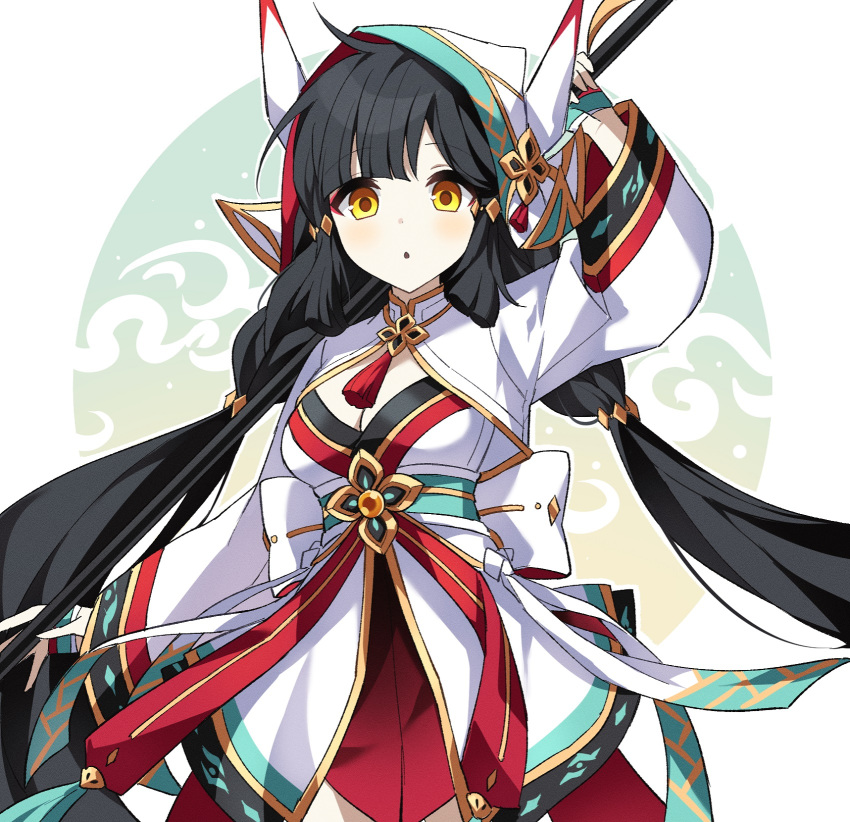 1girl :o animal_hood ara_haan breasts cleavage elsword hashtag_only_commentary highres holding holding_polearm holding_weapon hood hood_up long_hair long_sleeves look_128 marici_(elsword) medium_breasts obi polearm sash solo spear twintails very_long_hair weapon white_background yellow_eyes