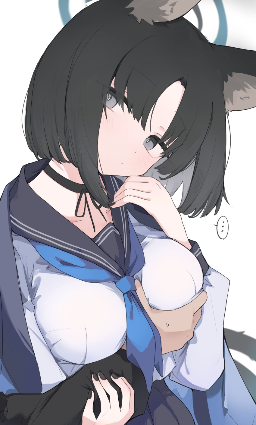 ... 1girl animal_ears black_choker black_hair black_sailor_collar black_skirt blue_archive blue_neckerchief blush breasts cat_ears cat_girl cat_tail choker closed_mouth commentary duplicate grabbing grabbing_another's_breast grey_eyes hetero highres kikyou_(blue_archive) large_breasts looking_at_viewer mikozin neckerchief sailor_collar school_uniform serafuku short_hair simple_background skirt solo_focus spoken_ellipsis tail white_background