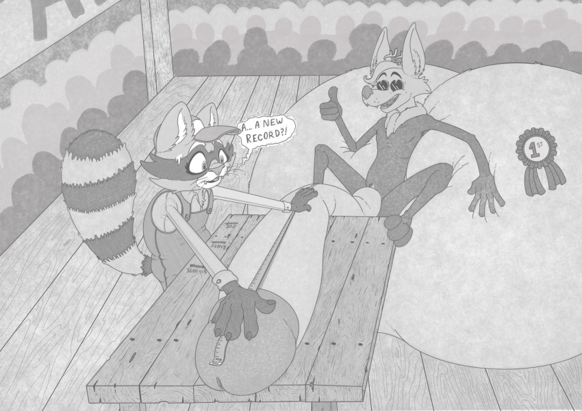 2022 anthro balls big_balls big_penis canid canine carnival_(disambiguation) clothing duo farmer fox genitals gesture greyscale hi_res huge_balls huge_penis hyper hyper_balls hyper_genitalia hyper_penis judging lobster_(artist) male male/male mammal maxwell_(lobster) measuring measuring_penis metrothefox monochrome overalls penis penis_on_table procyonid public public_nudity raccoon silhouette sitting_on_balls stage state_fair thumbs_up voyeur