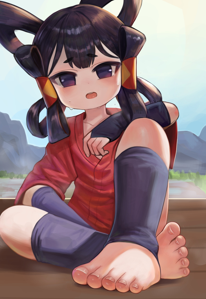 1girl black_hair blush collarbone commentary_request dokomon feet foot_focus hair_rings highres japanese_clothes kimono knee_up korean_commentary looking_at_viewer no_shoes open_mouth red_eyes red_kimono sakuna-hime short_eyebrows short_sleeves sitting solo stirrup_legwear sweat tensui_no_sakuna-hime thick_eyebrows toeless_legwear toes