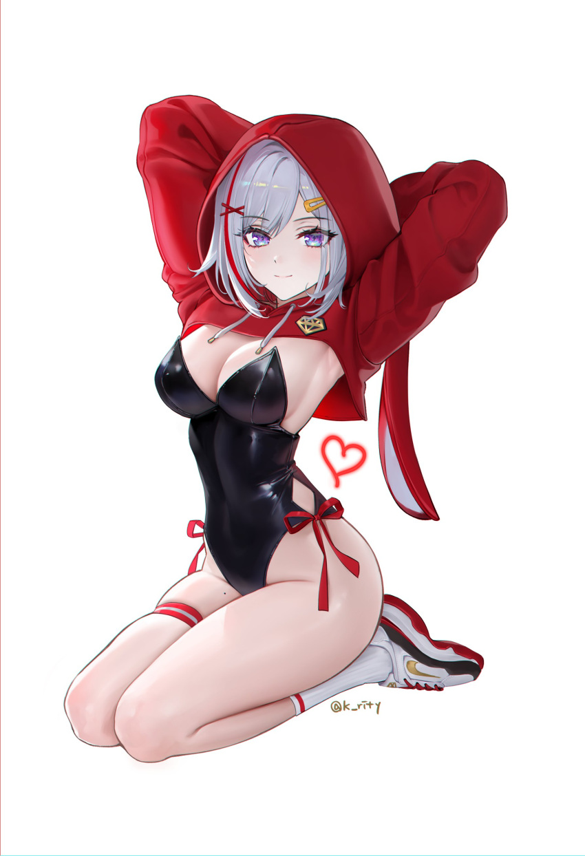 1girl absurdres animal_hood armpits arms_behind_head arms_up black_leotard breasts cleavage closed_mouth grey_hair hair_ornament hairclip heart highres honkai:_star_rail honkai_(series) hood hood_up hooded_shrug large_breasts leotard looking_at_viewer mole mole_on_thigh multicolored_hair nike_(company) parted_bangs purple_eyes red_hair red_ribbon red_shrug ribbon rity seiza short_hair sitting smile socks solo streaked_hair topaz_(honkai:_star_rail) twitter_username white_footwear white_socks