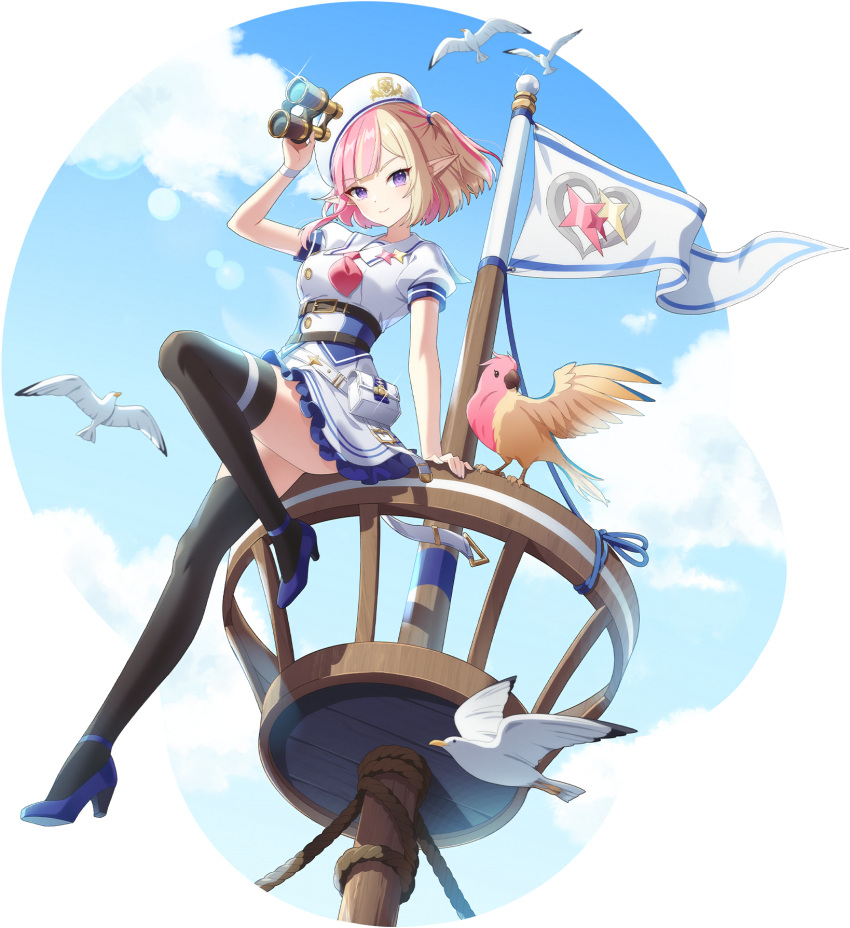1girl belt belt_pouch binoculars bird black_thighhighs blonde_hair blue_footwear blue_sky cloud crow's_nest elf eversoul flag frilled_skirt frills game_cg high_heels highres holding holding_binoculars kanna_(eversoul) looking_at_viewer looking_to_the_side multicolored_hair multiple_belts neckerchief non-web_source official_alternate_costume official_art pink_hair pointy_ears pouch puffy_short_sleeves puffy_sleeves purple_eyes sailor_collar seagull short_hair short_sleeves sitting skirt sky solo streaked_hair tachi-e thighhighs transparent_background two-tone_hair white_sailor_collar white_skirt