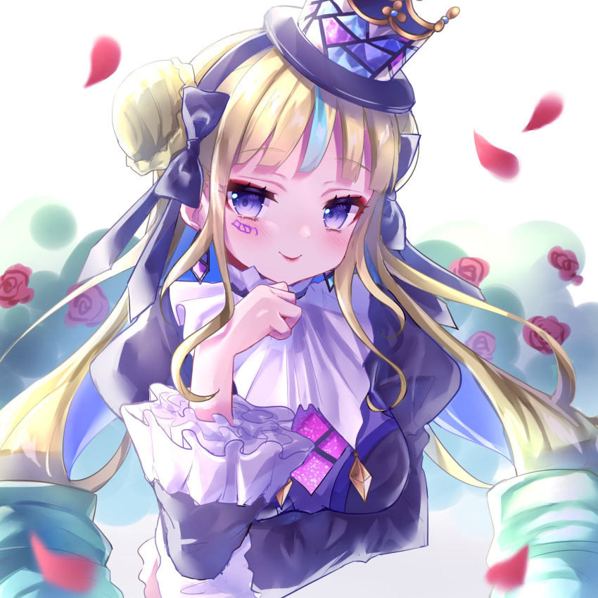 1girl aki_(akinyaaaaa) black_hairband blonde_hair blue_eyes blue_hair blunt_bangs braid braided_bun closed_mouth colored_inner_hair cropped_torso crown_hat double_bun eyeshadow facial_mark flower hair_bun hairband hand_up highres idol_clothes juliet_sleeves kokoa_remon kokoa_remon_(primagista) long_hair long_sleeves looking_at_viewer makeup multicolored_hair petals pretty_series puffy_sleeves red_eyeshadow red_flower red_lips red_rose rose rose_petals sidelocks smile solo streaked_hair upper_body waccha_primagi!