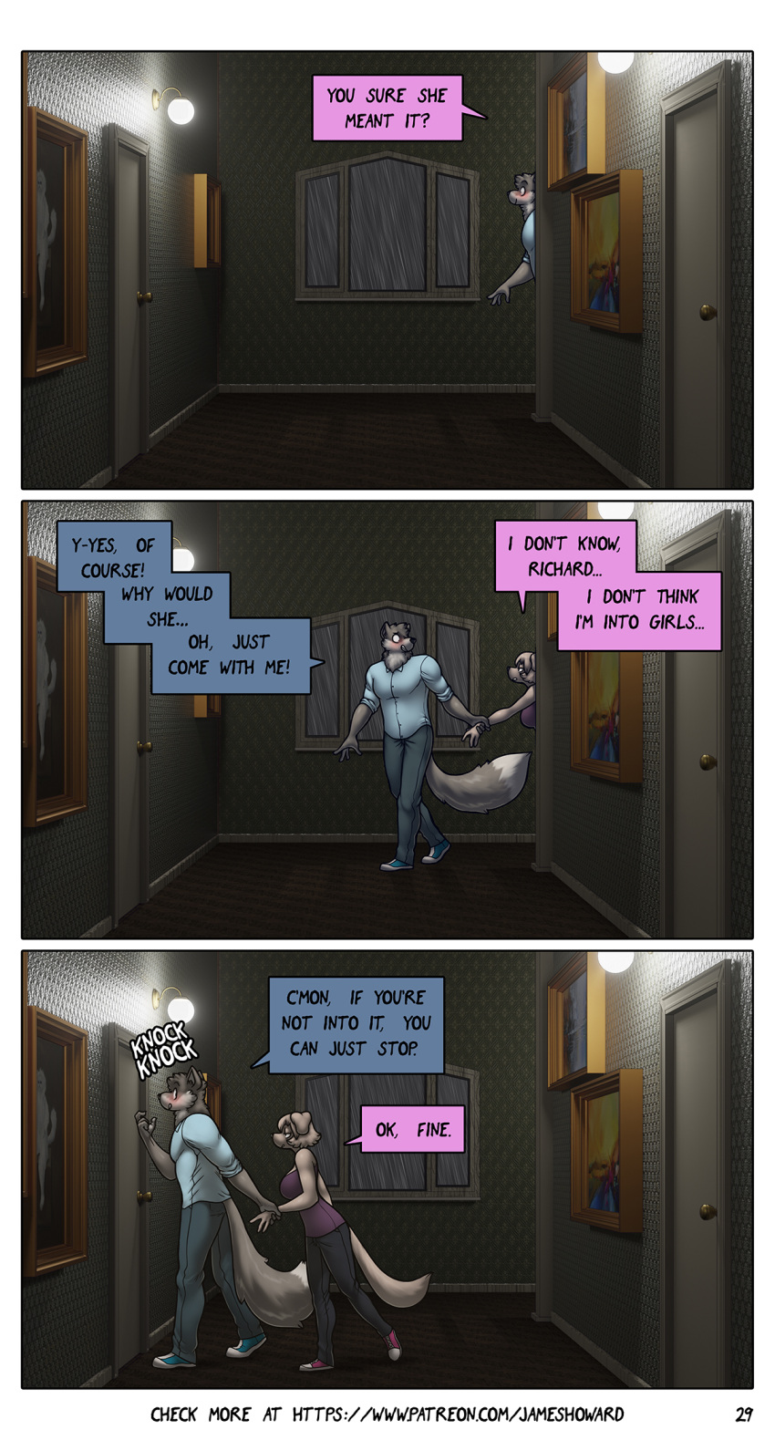 3d_background anthro canid canine canis comic dialogue domestic_dog duo female hi_res james_howard jill_(james_howard) male mammal patreon richard_(james_howard) wolf