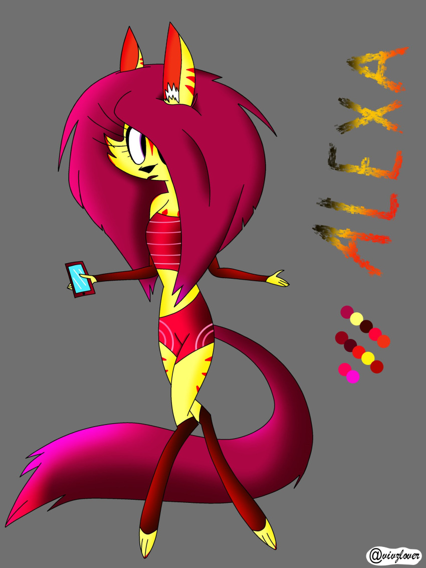 anthro armwear bottomwear canid canine clothing electronics female fox grey_background hair hi_res mammal model_sheet phone red_hair shirt shorts simple_background solo tail topwear vivzlover yellow_body